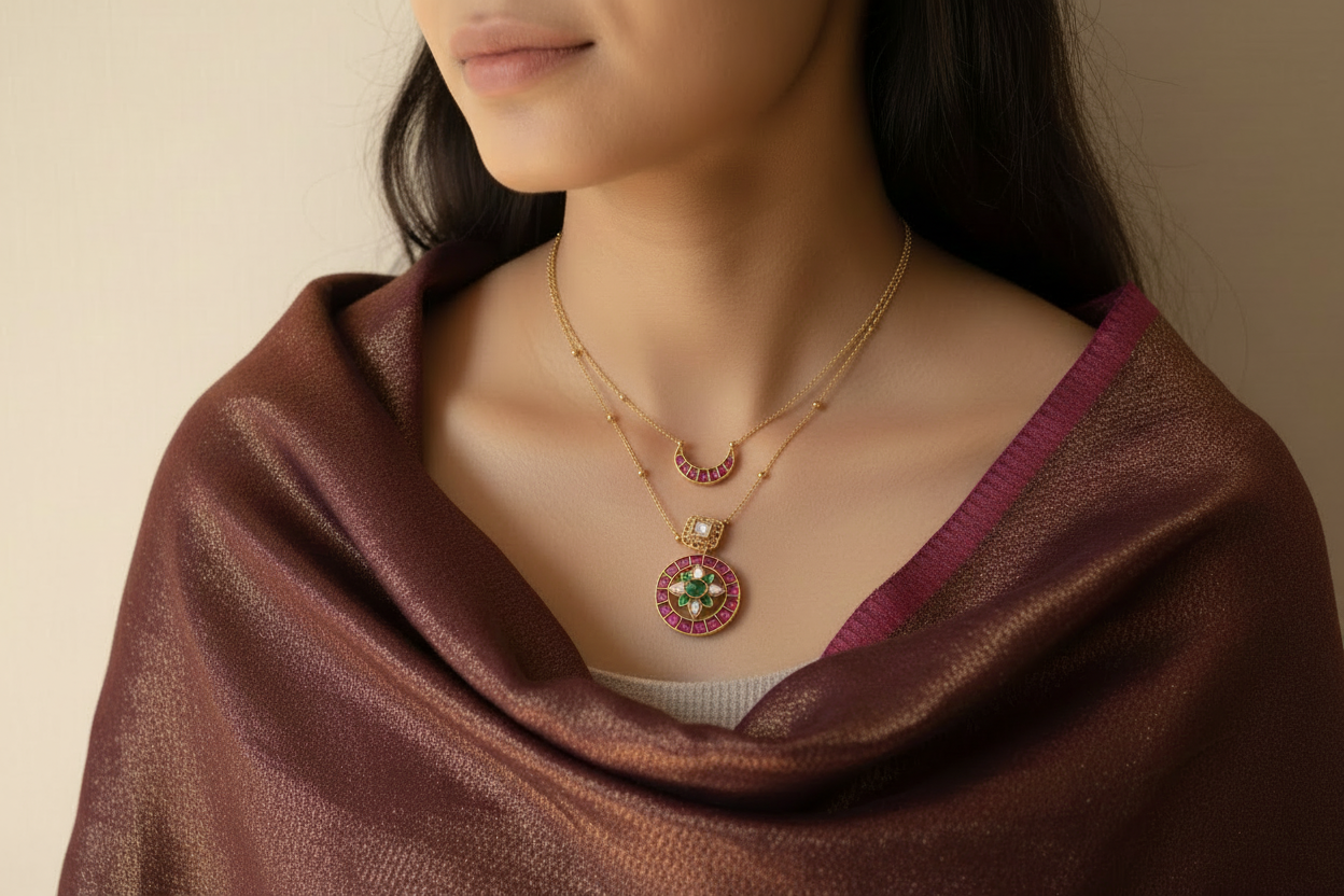 Model wearing Nyra Pendant Necklace Set